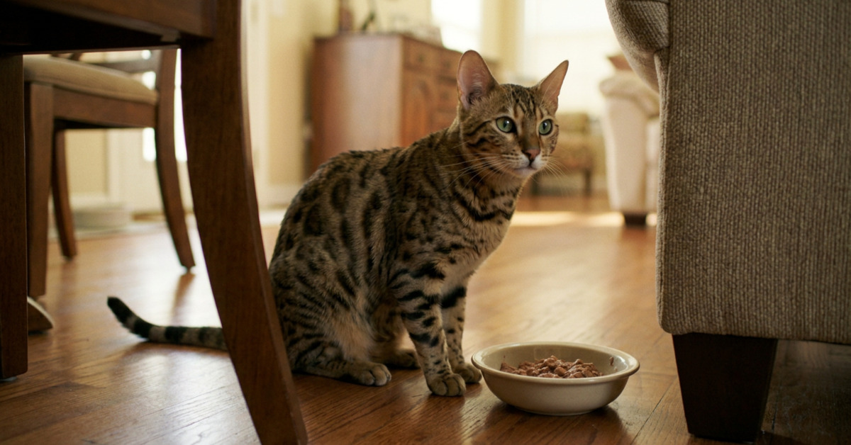 Cat eating from a bowl at home representing the common assumption that cat gut health starts with food